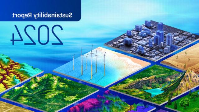 Tetra Tech 2024 Sustainability Report cover with tiles depicting various landscapes, including high tech buildings, offshore wind, and terrain